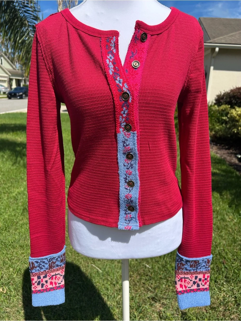 NWT🌷Free People Embroidered Trim Crew Neck Long Sleeve Cardi Top